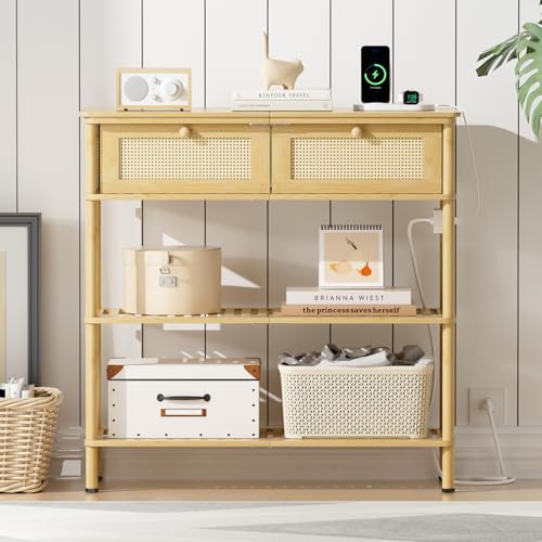 Bamboo Console Table with Drawers and Power Outlets
