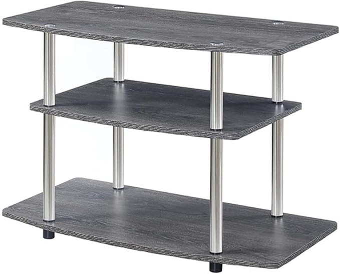 Easy Assembly No Tools Required 32" TV Stand Entertainment Console with 3 Tier Storage Shelves in White and Stainless Steel Clad Finish