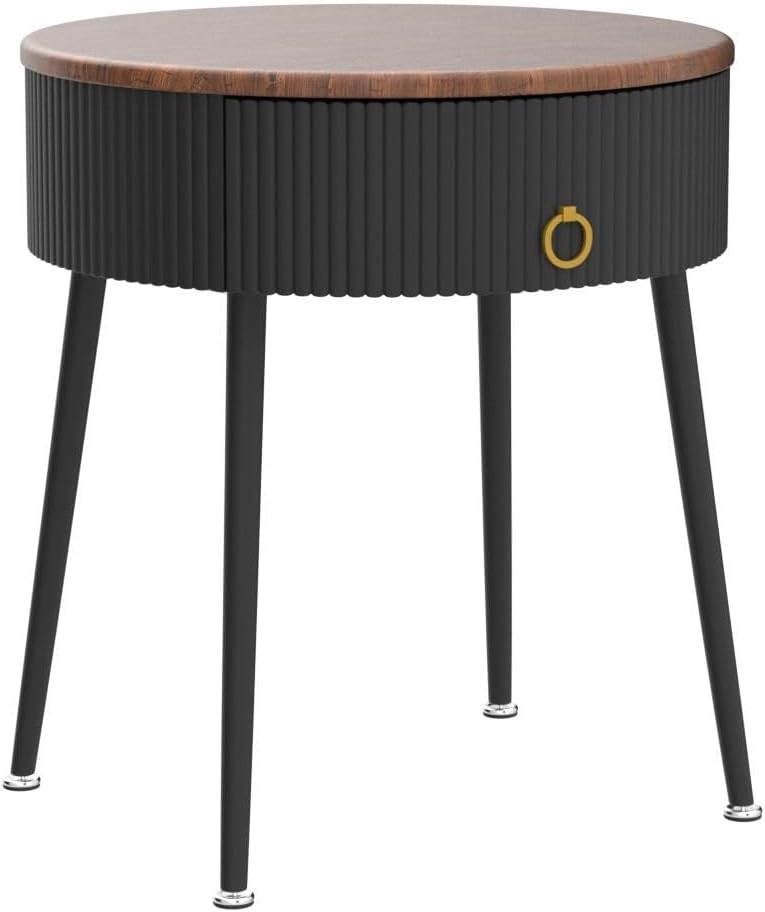 OIOG Side Tables Set of 2, Round Nightstand with Drawer, Modern Bedside End Tables for Small Space, Living Room, Bedroom, Office, Dorm, Rustic Brown and Black