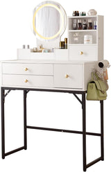 Vanity Desk with Lighted Mirror & Power Outlet, Makeup Vanity Desk with Drawers and Cabinet