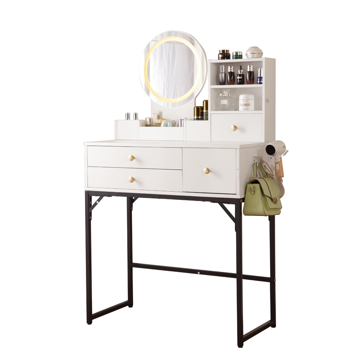 Vanity Desk with Lighted Mirror & Power Outlet, Makeup Vanity Desk with Drawers and Cabinet