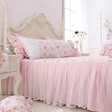 Romantic Roses Print Duvet Cover Set with Bed Skirt Pink Lace Ruffle Floral Shabby