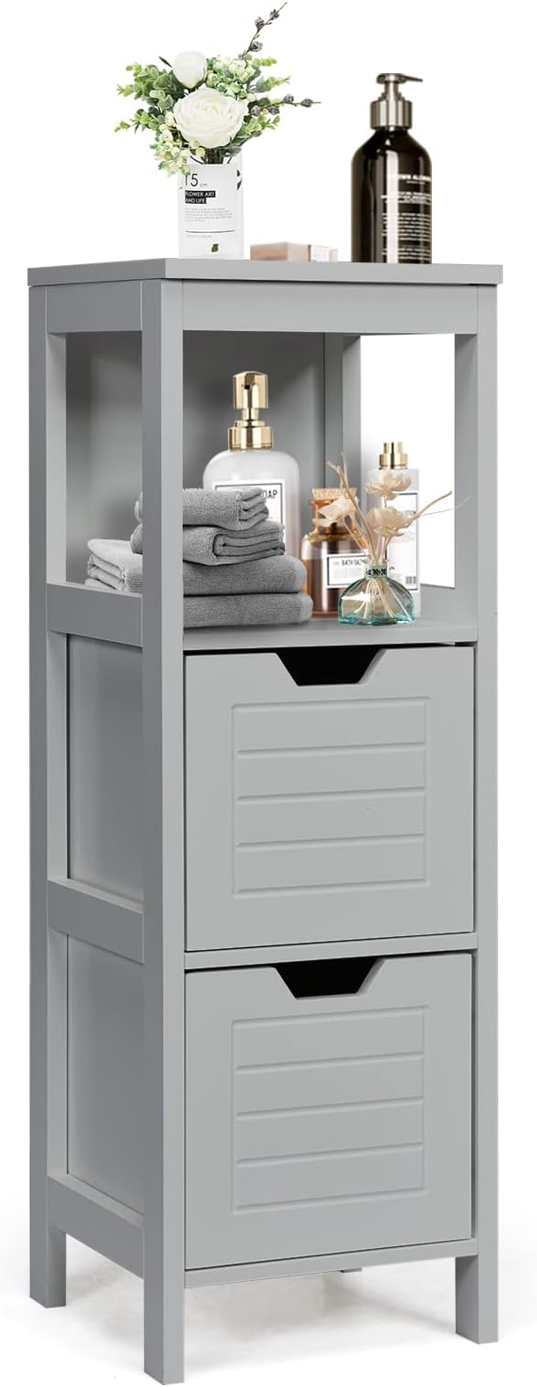 Bathroom Storage Cabinet, Freestanding Wooden Side Storage Cabinet with 2 Adjustable Drawers,