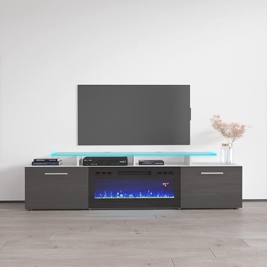 Rova BL-EF Fireplace TV Stand for TVs up to 85", Modern High Gloss 75" Entertainment