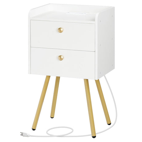 Nightstand with Charging Station, Modern Side Table with 2 Drawers