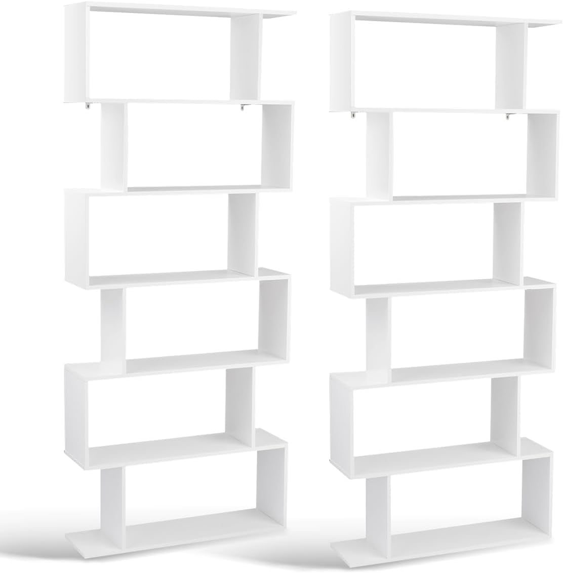 Tangkula 6-Tier Geometric Bookcase, Modern S-Shaped Storage Display Bookshelf for Living Room, Anti-Toppling Device, Home Office Wooden 6 Shelf Open Bookcase (2, White)