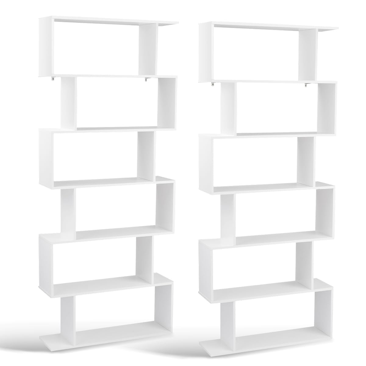 Tangkula 6-Tier Geometric Bookcase, Modern S-Shaped Storage Display Bookshelf for Living Room, Anti-Toppling Device, Home Office Wooden 6 Shelf Open Bookcase (2, White)