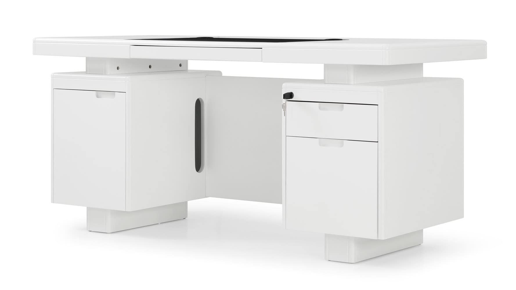 Monroe White Lacquer Modern Desk with Leather Pad and Storage