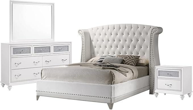 4 Piece PU Eastern King Bedroom Set, Chrome, White