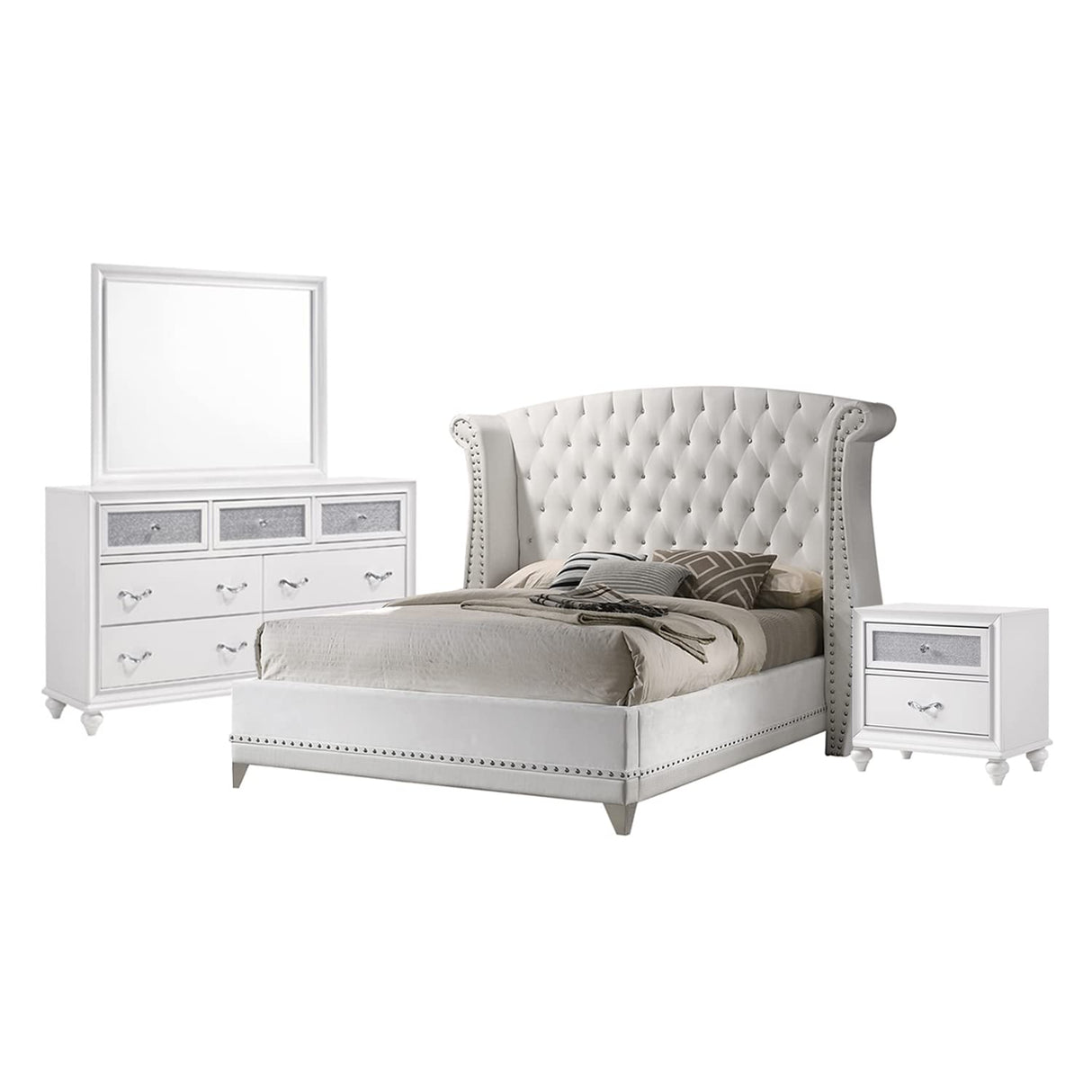 4 Piece PU Eastern King Bedroom Set, Chrome, White