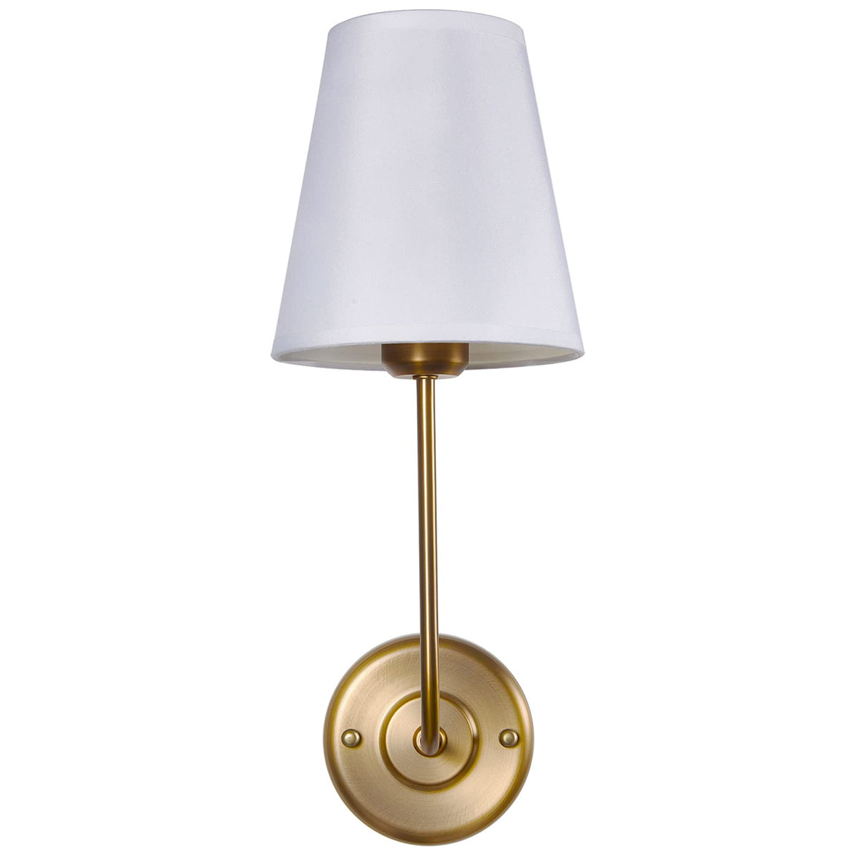 Hardwired Wall Sconce with Flared Shape White Textile Shade Curved Arm and Antique Brass Finish Metal Base
