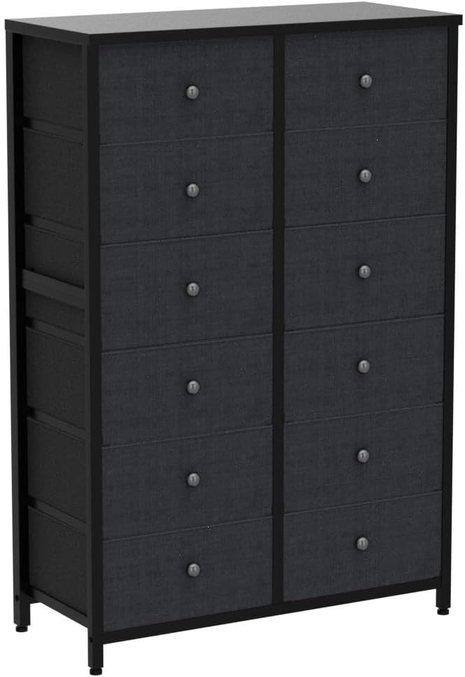 Dresser for Bedroom Tall Dresser with 12 Drawers Wooden Top and Metal Frame Black