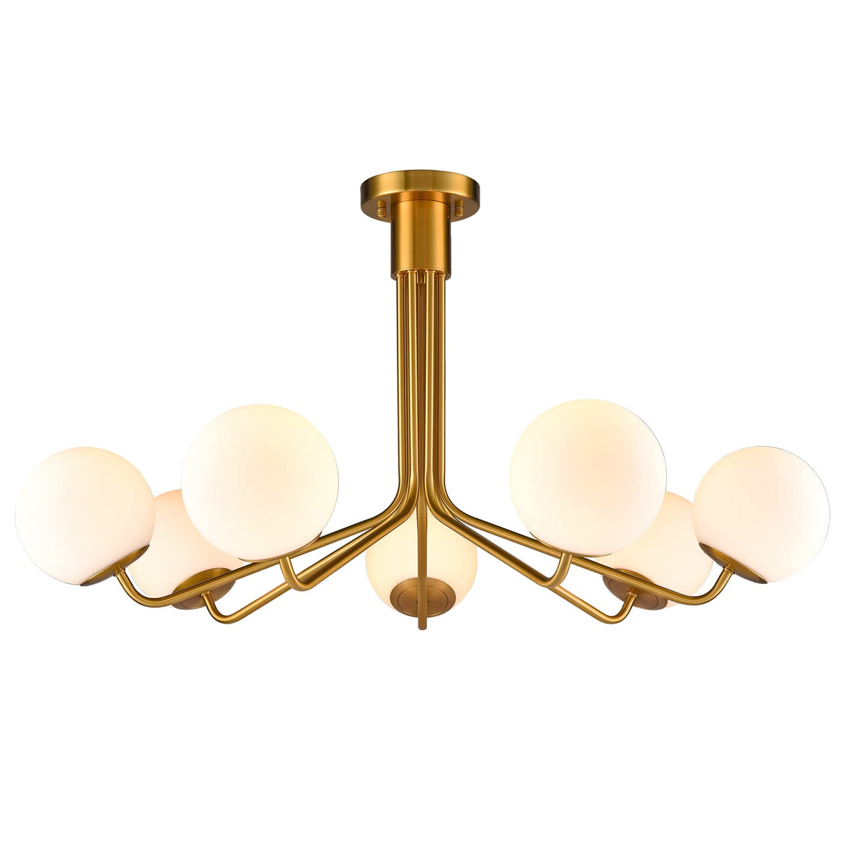 Modern Gold Semi Flush Mount Ceiling Light with White Glass Shade 7-Light Mid Century