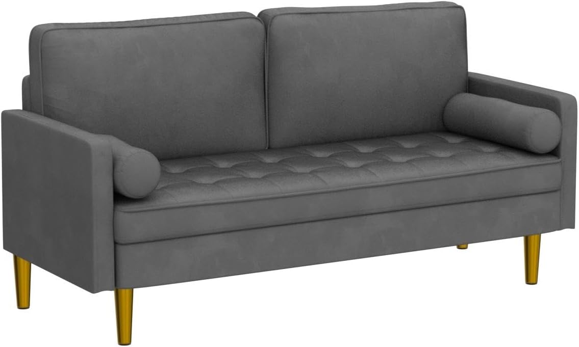 67" Mid Century Modern Loveseat Sofa, 2-Seater Velvet Tufted Love Seat Couch with Bolster Pillows, Golden Frosted Legs for Small Space, Living Room, Apartment, Bedroom (Grey)