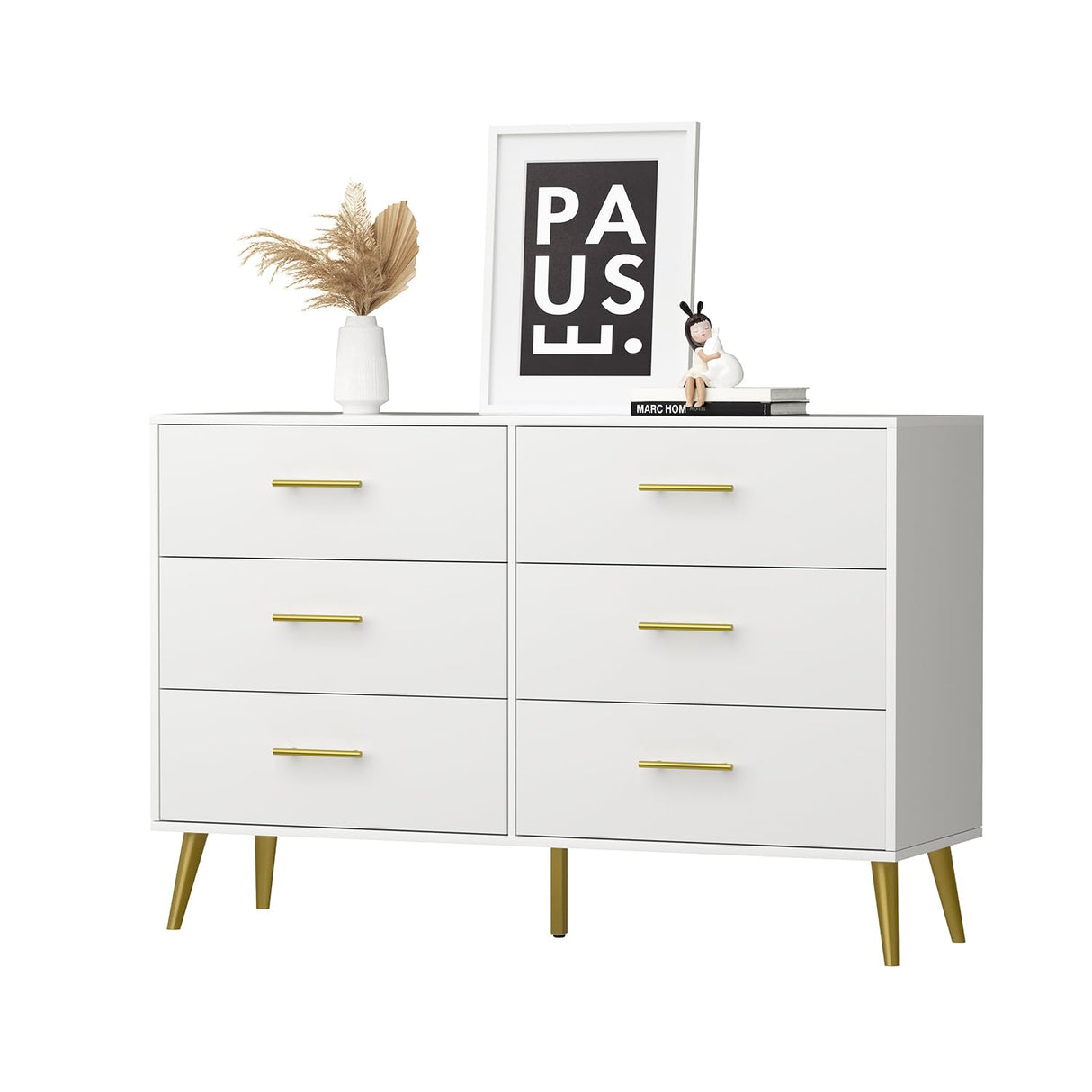 FURNIWAY White Dresser for Bedroom, 6 Drawer Dresser with Wide Drawer and Metal Handles, Wood Dressers & Chests of Drawers