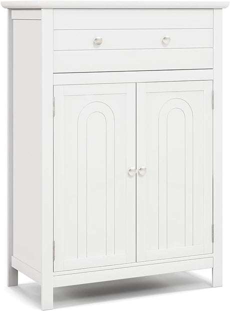 White Bathroom Cabinet, Freestanding Wooden Storage Cabinet w/Large Drawer & Cabinet,