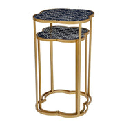 Metal Round Enamel Top Accent Nesting Tables, Set of 2, Blue/Gold