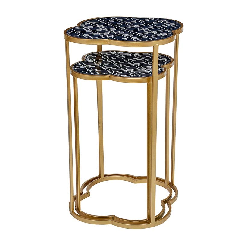 Metal Round Enamel Top Accent Nesting Tables, Set of 2, Blue/Gold