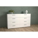 Contemporary 8 Drawer Double Bedroom Dresser in White with Modern Silver