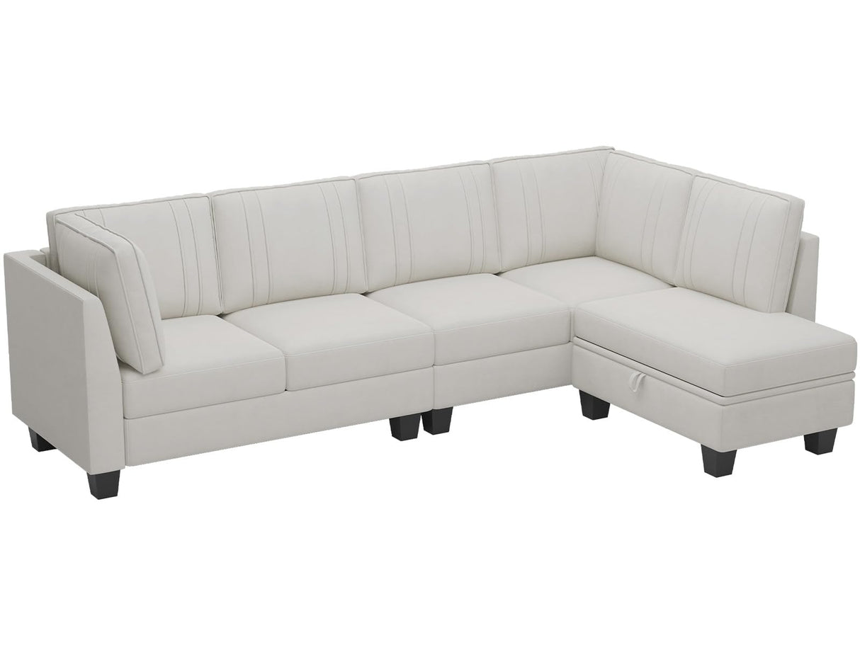 4 Seater Sectional Sofa with Reversible Chaise, Velvet L Shaped Sofa Sectional Couch with Convertible Storage Ottoman Beige