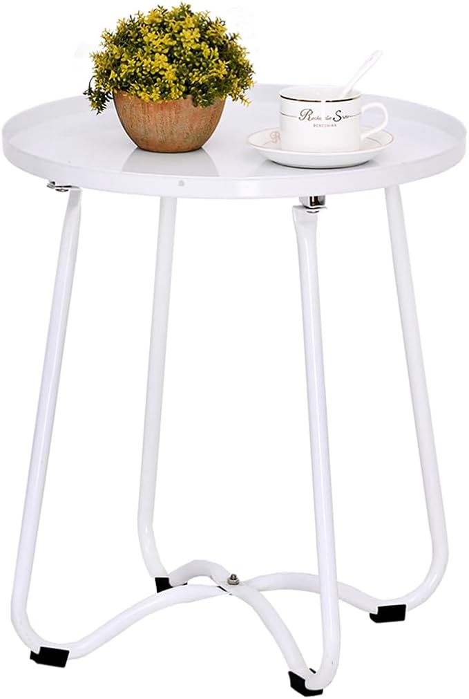 Round Metal Patio Side Table Black Outdoor End Table, Tray Top End Table