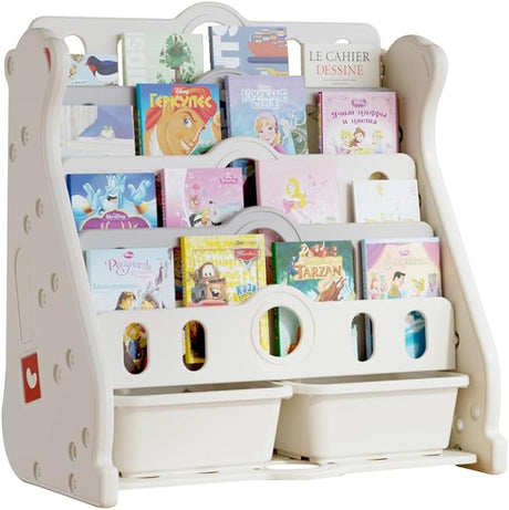 Kids Bookshelf and Toy Storage for Toddler, 4 Tier White Bookshelf Bookcase for Kids Bedroom/Nursery/Classroom