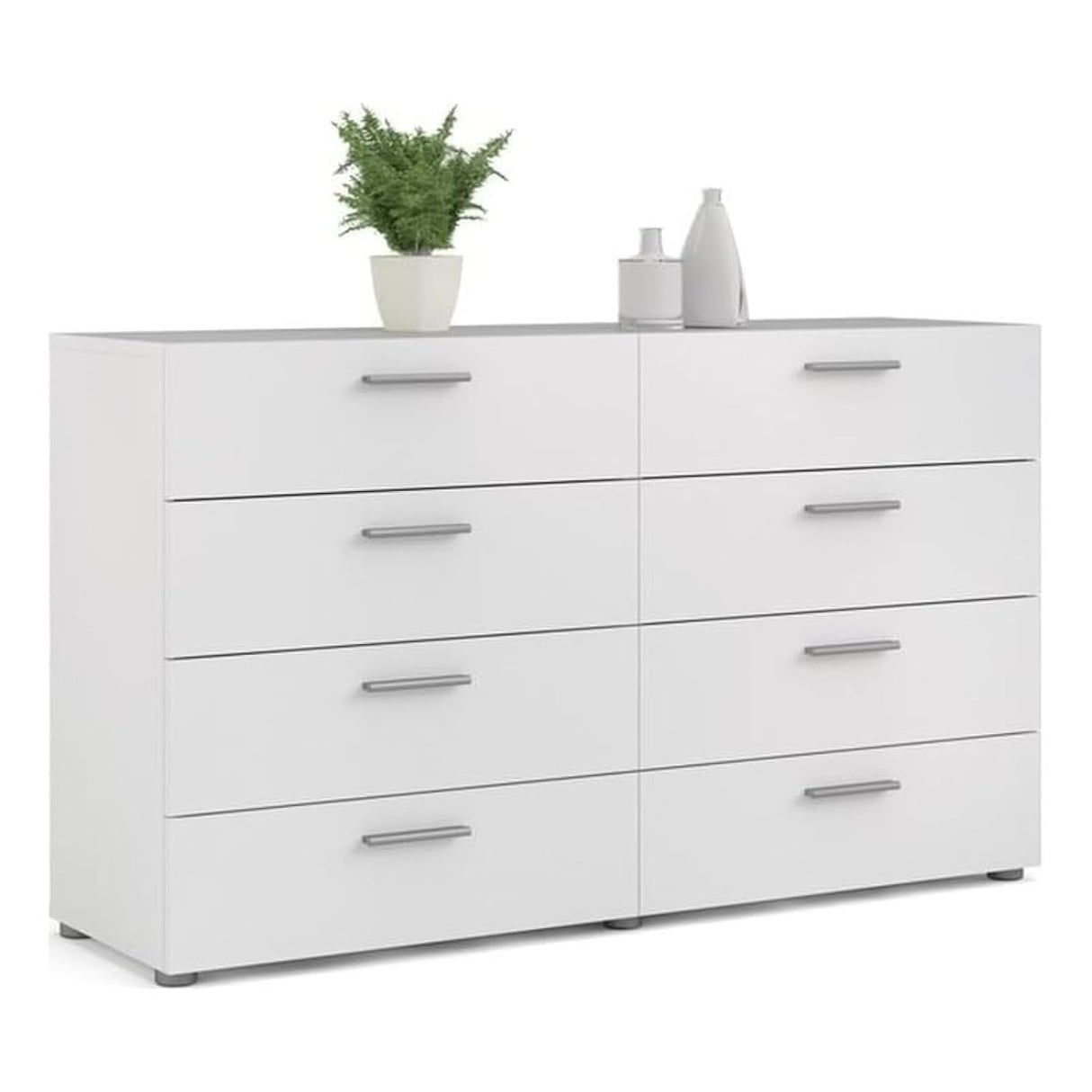 Contemporary 8 Drawer Double Bedroom Dresser in White with Modern Silver