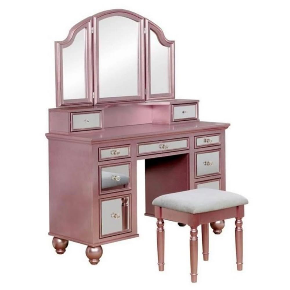 60 Inch Vanity Desk with Stool, Drawers, 3 Panel Mirror, Wood, Pink, Rose Gold and Gray