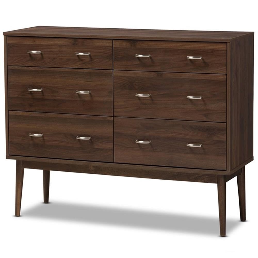 Mid-Century Modern Walnut Brown Finished 6-Drawer Dresser