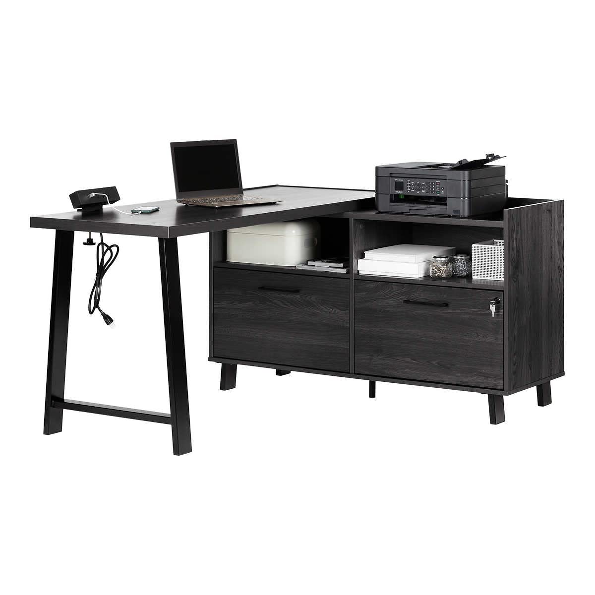 Kozack Computer Office Power Bar, Long Desk, Gray Oak