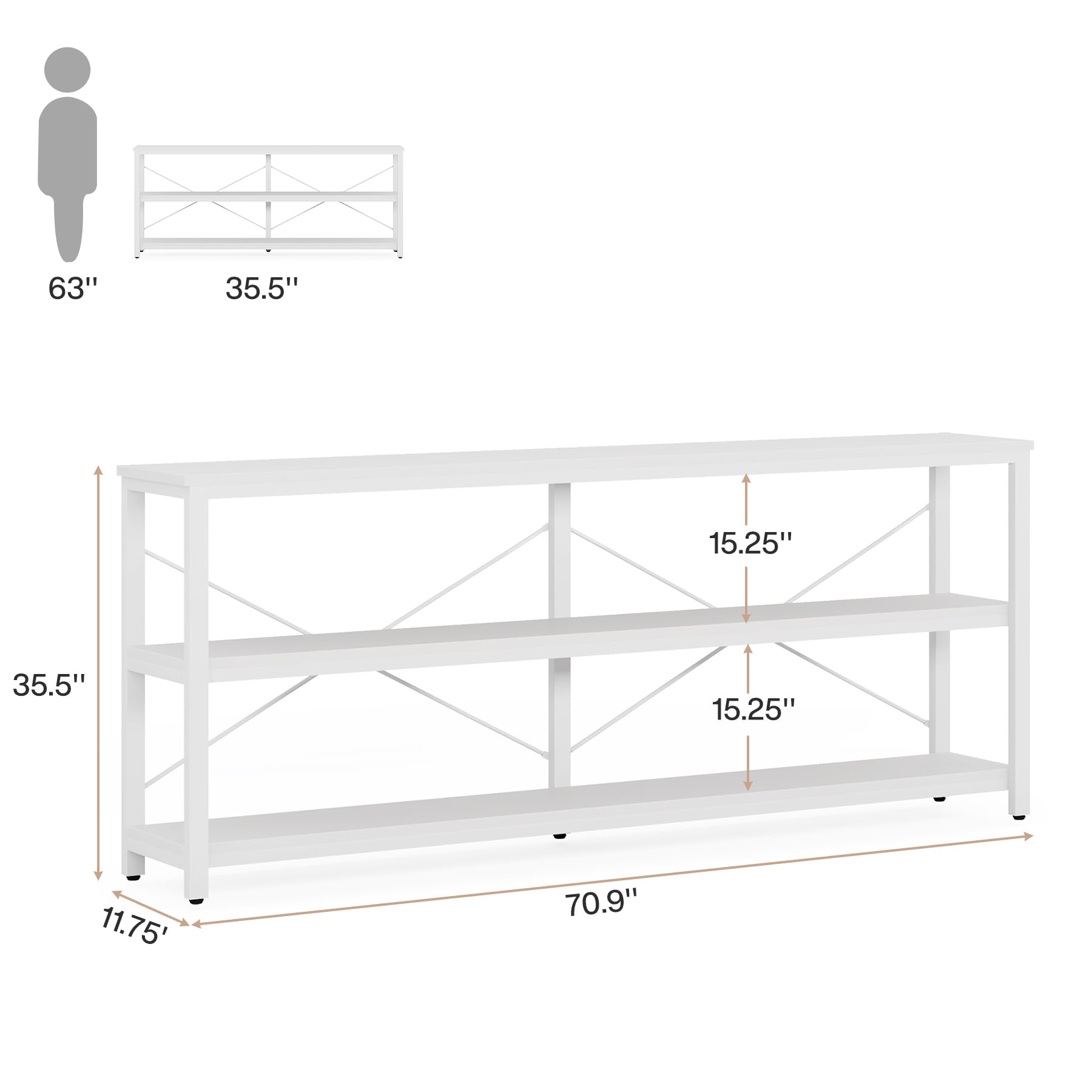 70.9-Inch Console Table, 3-Tier Industrial Sofa Table with Metal Frame