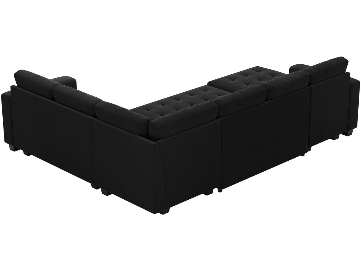 Belffin Modular Sectional Sleeper Sofa with Pull Out Bed U Shaped Sectional Sofa Couch with Storage Ottoman Velvet Covertible 7-Seater Sofa for Living Room Black