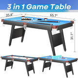 3 in 1 Billiard Table, 65.75" Multi Game Table Includes Pool Table and Table Tennis