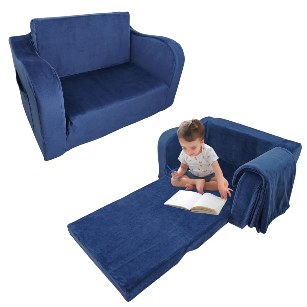 Kids Foam Couch with Blanket, Pre-Assembled Toddlers 2-in-1 Convertible Sofa, Indoor Foadable Lounger Chair & Flip Open Floor Bed for Boys & Girls (Navy Blue)