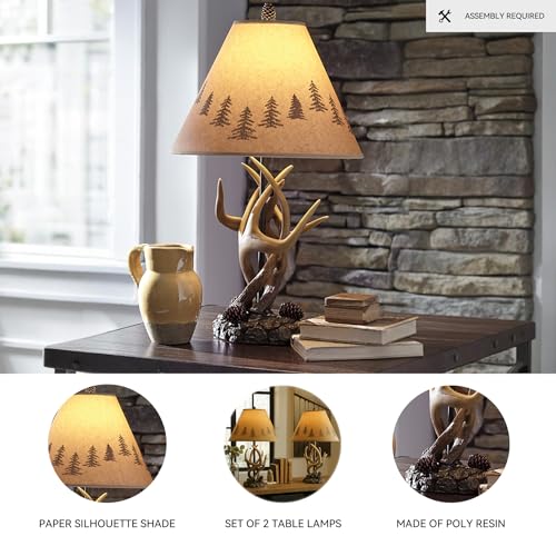 Rustic Antler Table Lamp Set - 2 Pack Brown Cabin Style