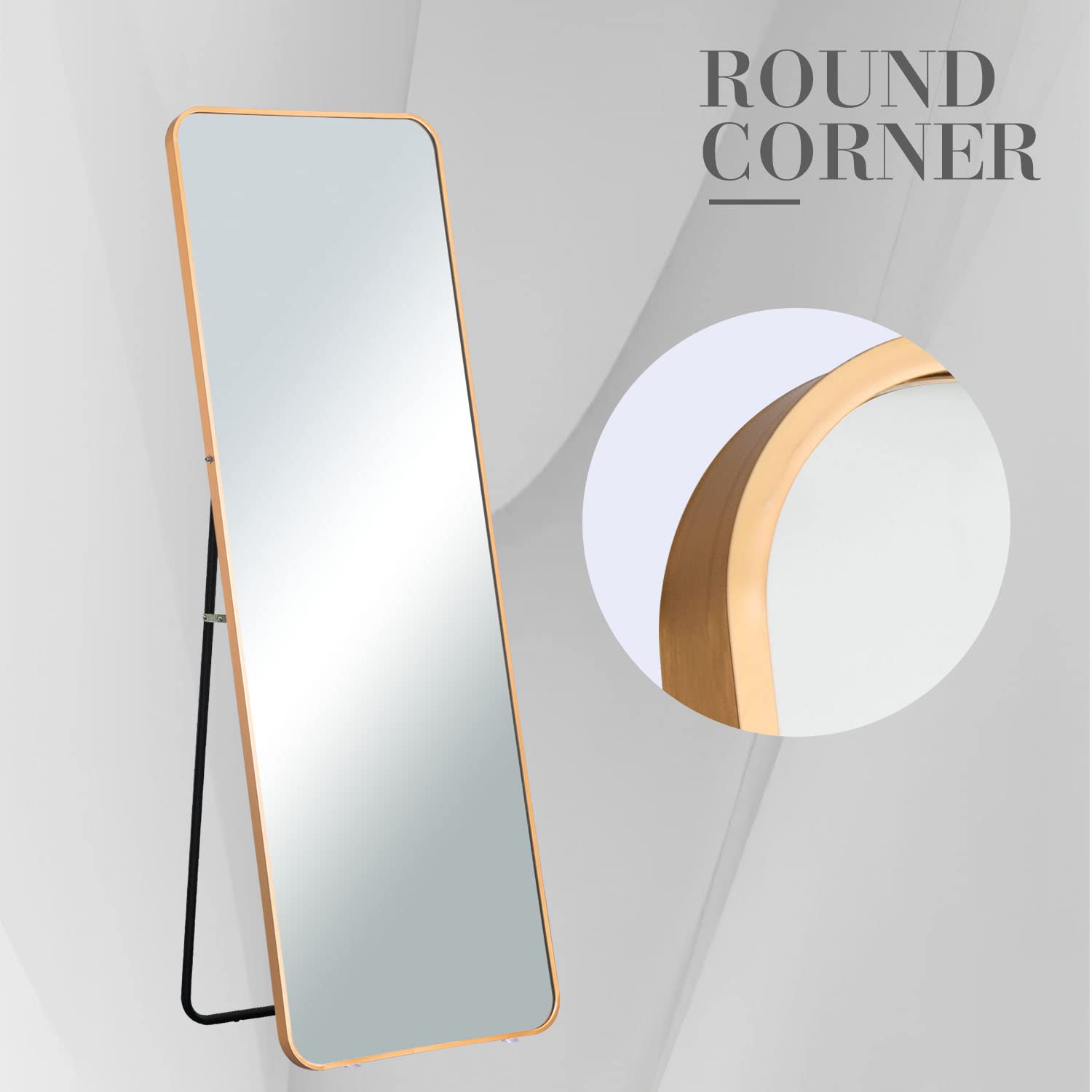 Full Length Floor Mirror 65x22 - Gold Rounded Corner Standing Wall Mount