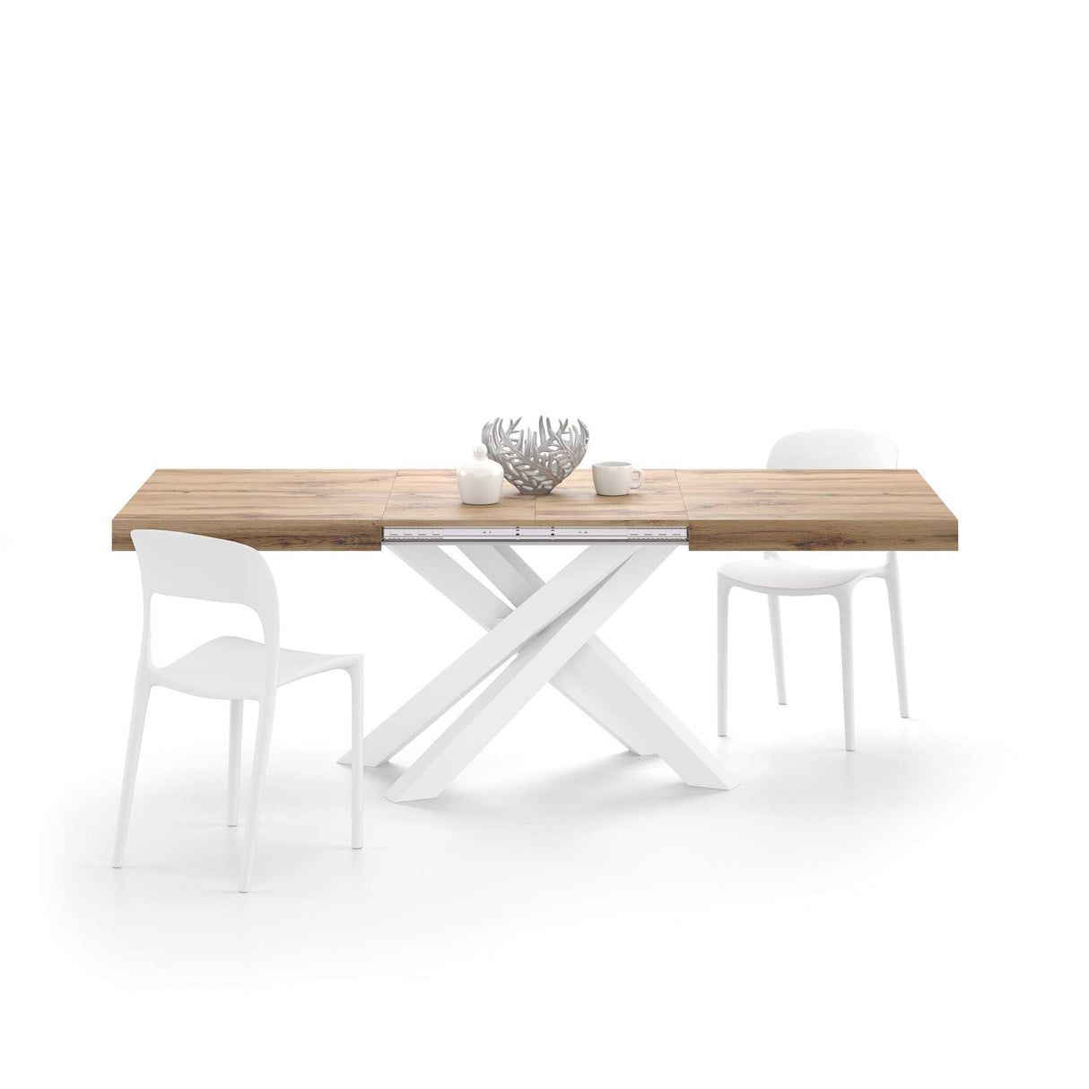 Emma 140 Extendable Dining Table, Rustic Oak with White Crossed Legs,