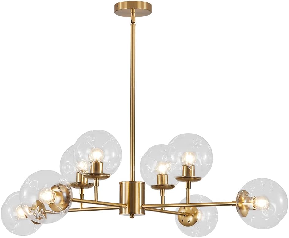 BOKT Modern 8-Lights Clear Globe Gold Chandelier Mid Century Brushed Brass Sputnik