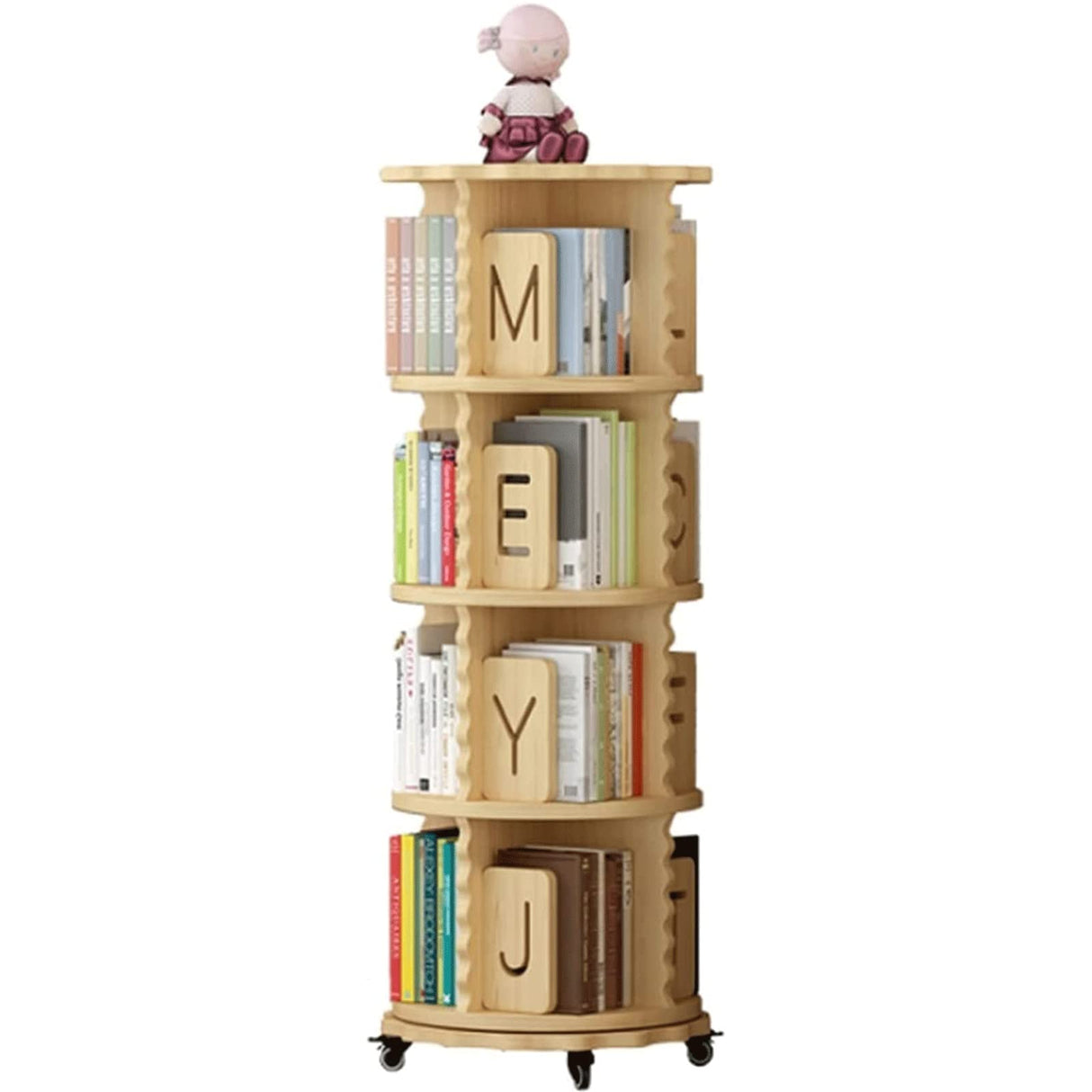 ZUMAHA Storage Shelf 360° Rotating Bookcase with Letters Baffle Solid Wood Bookshelf Double-Layer Chassis Design Display Shelves for Bedroom Sturdy