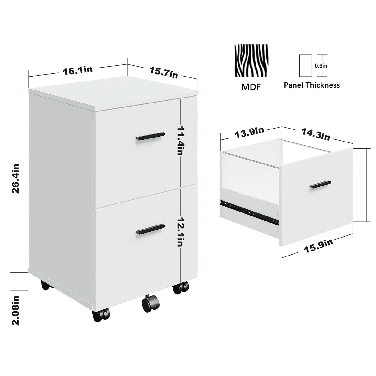 2 Drawer Mobile File Cabinet, Wood Rolling Filing Cabinet