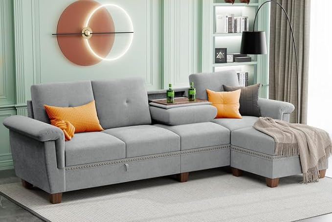 Jamfly 107" Convertible L-Shaped Sectional Sofa with Storage & Cup Holders