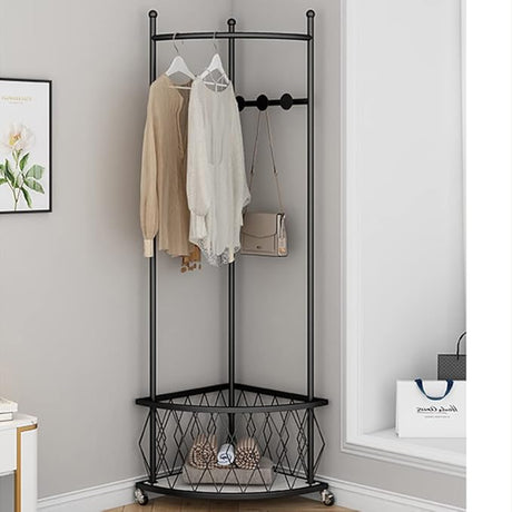 Metal Corner Coat Rack, Corner Hall Tree with Storage Basket, Freestanding Clothes Rack Organizer