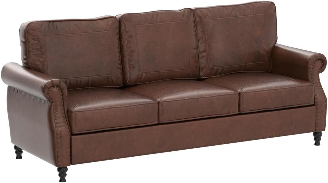 79'' Traditional Faux Leather Sofa Couch with Nailhead Trim, Classic 3-Seater Couch