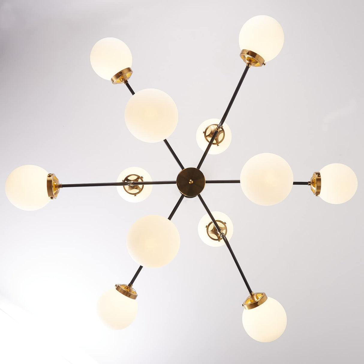 Light Fixture 12-Light Modern Black Gold Finish Chandelier Milk White Glass Globes Linear