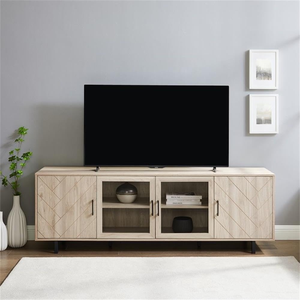 Walker Edison Harper Modern 4 Door Herringbone Stand for TVs up to 80 Inches, 70 Inch, Birch