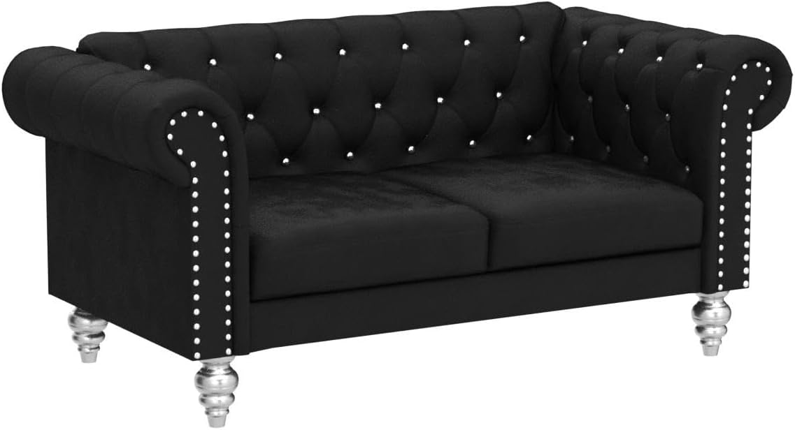 Glam Emma Velvet Two Seater Chesterfield Style Loveseat for Small Spaces with Crystal Button Tufts, Black