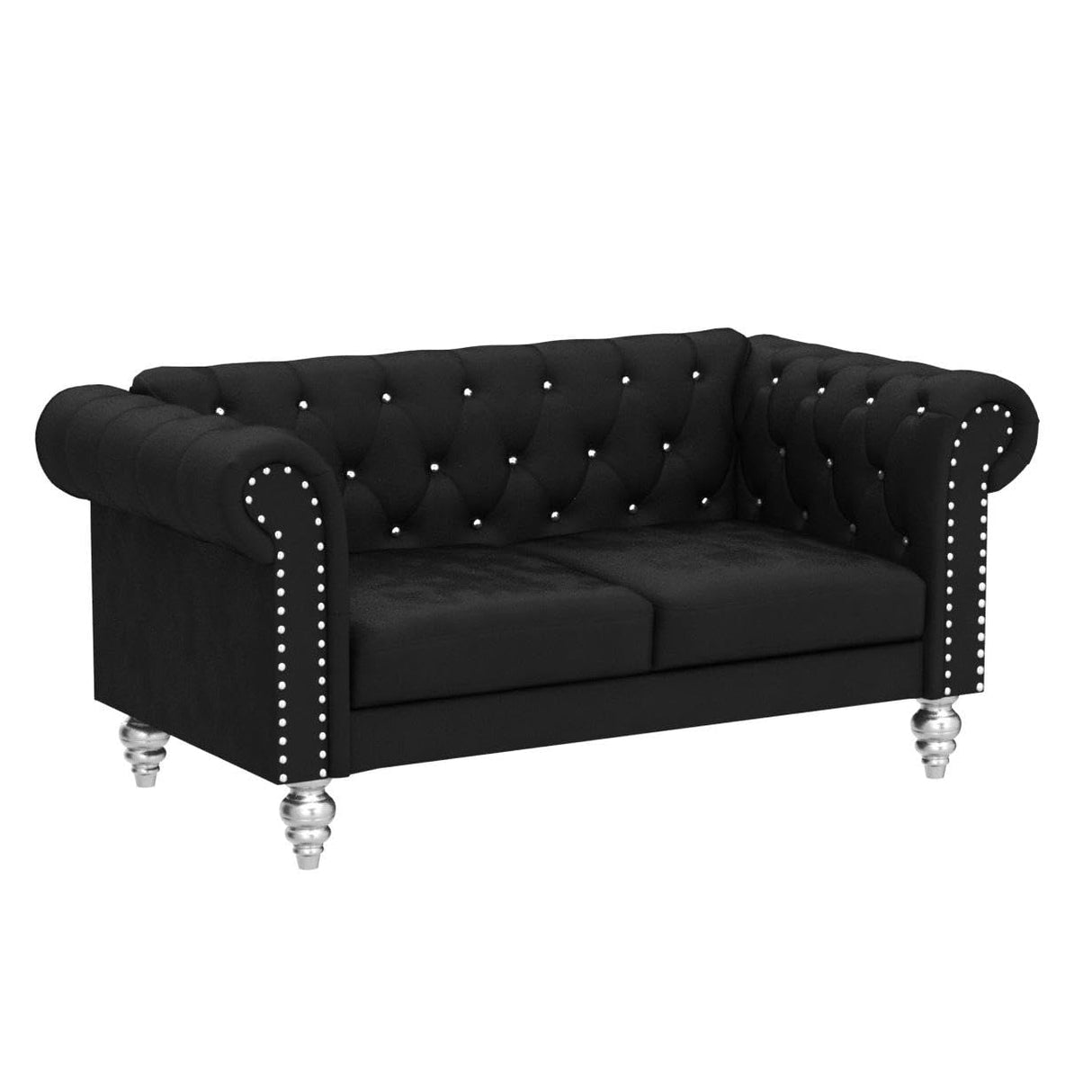 Glam Emma Velvet Two Seater Chesterfield Style Loveseat for Small Spaces with Crystal Button Tufts, Black