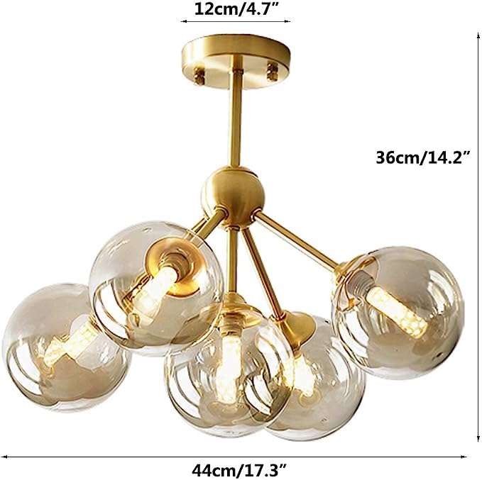 Lighting 5-Light Amber Glass Globe Chandelier Brush Gold Semi Flush Mount Ceiling