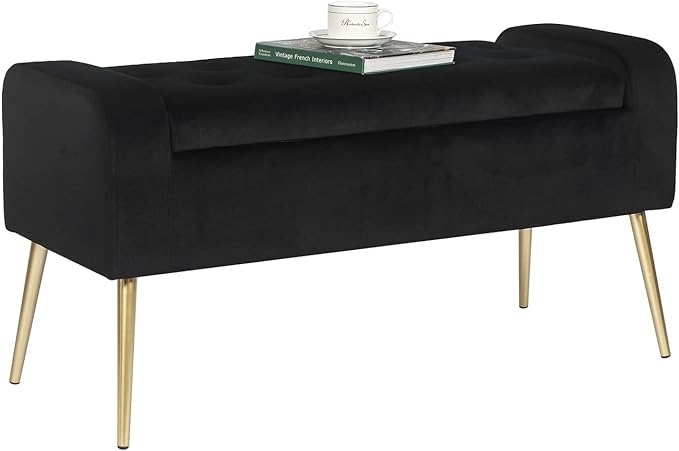 Adeco 39.6 inch Modern Velvet Storage Bench Ottoman,Upholstered Storage End of Bed Bench, Tufted Button Entryway Bench with Golden Metal Legs for Bedroom Living Room (Blue)