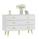 White Dresser for Bedroom, 6 Drawer Dresser with Wide Drawers and Gold Metal Handles